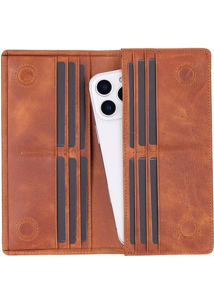 Aura Hakiki Deri, El Yapımı, Telefon Bölmeli, Kadın Cüzdanı, Karamel