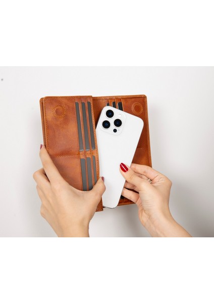 Aura Hakiki Deri, El Yapımı, Telefon Bölmeli, Kadın Cüzdanı, Karamel fiyatları