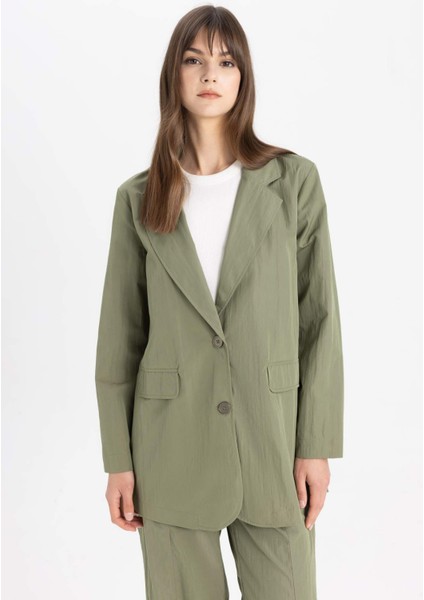 Düğmeli Cepli Basic Düz Paraşüt Kumaş Blazer Ceket