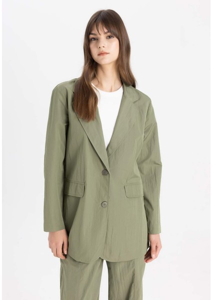 Düğmeli Cepli Basic Düz Paraşüt Kumaş Blazer Ceket