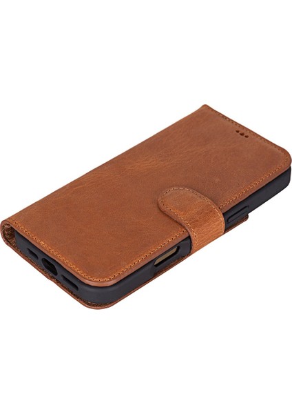 Apple iPhone 16 Pro Uyumlu, Hakiki Deri, El Yapımı, Cüzdanlı Kılıf, Karamel indirimleri