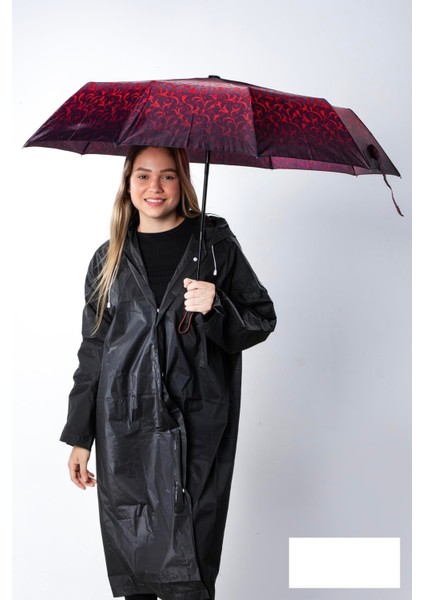 Kırmızı - Siyah Desenli Premium Seri 10 Telli Ahşap Saplı Tam Otomatik Kadın Şemsiye