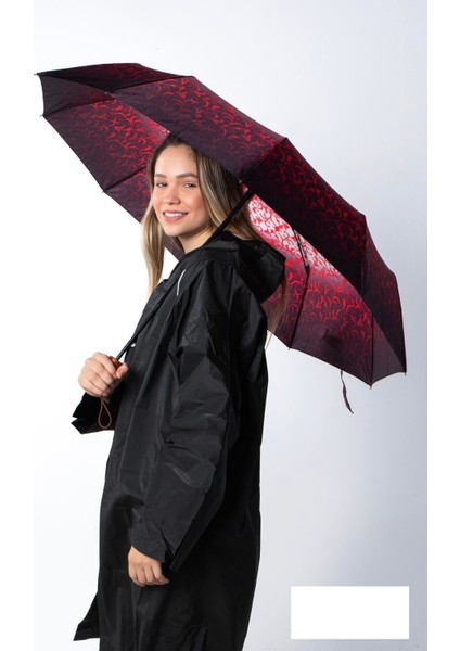 Kırmızı - Siyah Desenli Premium Seri 10 Telli Ahşap Saplı Tam Otomatik Kadın Şemsiye fiyatları