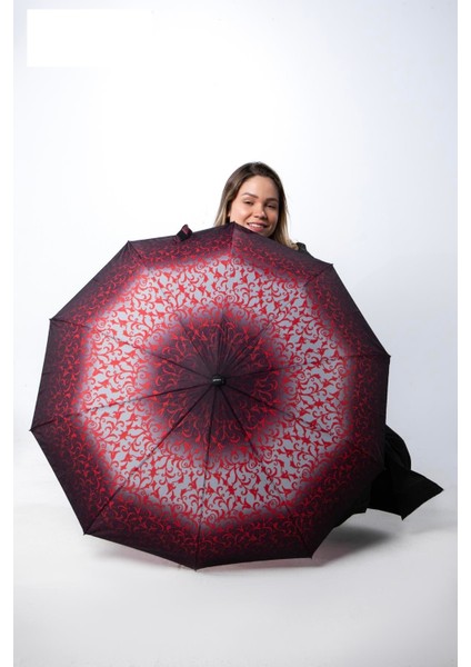 Kırmızı - Siyah Desenli Premium Seri 10 Telli Ahşap Saplı Tam Otomatik Kadın Şemsiye fırsatları