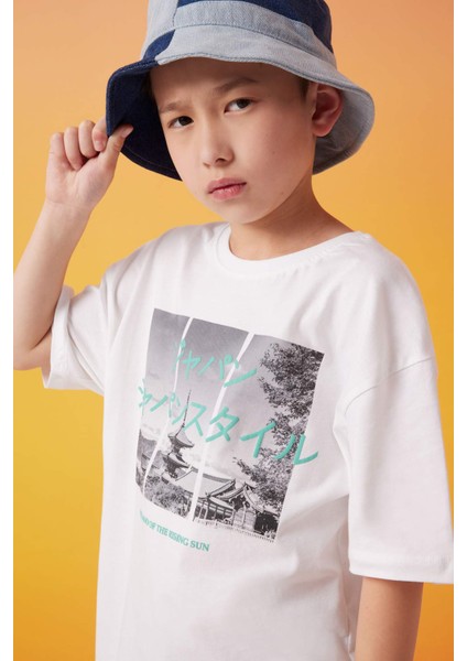 Erkek Çocuk Oversize Geniş Kalıp Bisiklet Yaka Baskılı Kısa Kollu Tişört