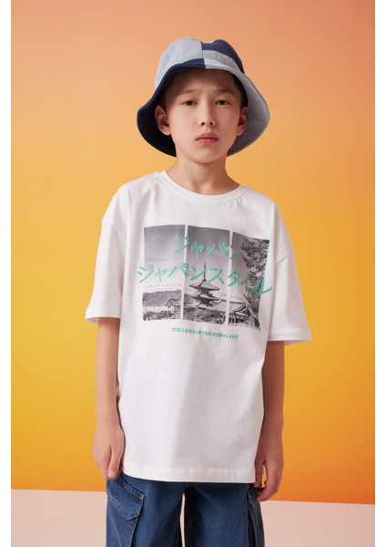 Erkek Çocuk Oversize Geniş Kalıp Bisiklet Yaka Baskılı Kısa Kollu Tişört