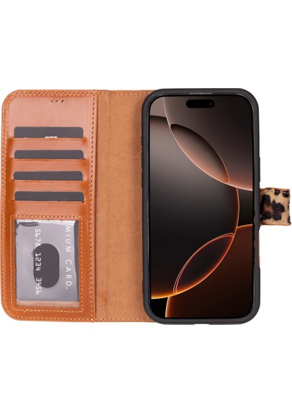 Apple iPhone 16 Pro Uyumlu, Hakiki Deri, El Yapımı, Cüzdanlı Kılıf, Leopar fiyatları