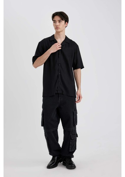 Regular Fit Yazlık Apaş Yaka Viskon Basic Düz Kısa Kollu Gömlek C4735AX24SM