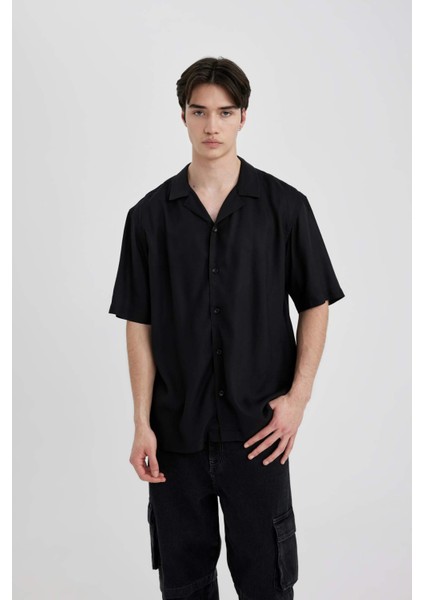 Regular Fit Yazlık Apaş Yaka Viskon Basic Düz Kısa Kollu Gömlek C4735AX24SM