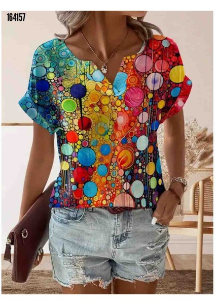 Kadın Kısa Kollu V Yakalı Desenli Süprem Bluz, Kırmızı Gül Figürlü Kolye Hediye fiyatları