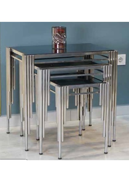 Mim Siyah - Gümüş Köşeli Sütun Kare Zigon Sehpa