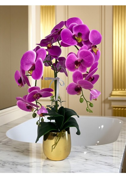 Yapay Çiçek Islak Orkide Fuşya 2 Dallı Lüks Gold Metal Saksıda 55 cm Dekoratif Hediye Salon Çiçeği