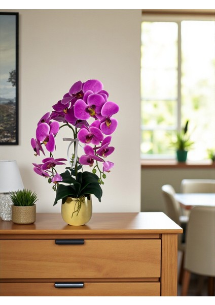 Yapay Çiçek Islak Orkide Fuşya 2 Dallı Lüks Gold Metal Saksıda 55 cm Dekoratif Hediye Salon Çiçeği fiyatları