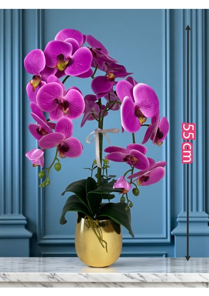 Yapay Çiçek Islak Orkide Fuşya 2 Dallı Lüks Gold Metal Saksıda 55 cm Dekoratif Hediye Salon Çiçeği fırsatları