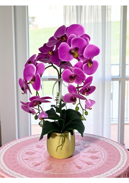 Yapay Çiçek Islak Orkide Fuşya 2 Dallı Lüks Gold Metal Saksıda 55 cm Dekoratif Hediye Salon Çiçeği indirimleri