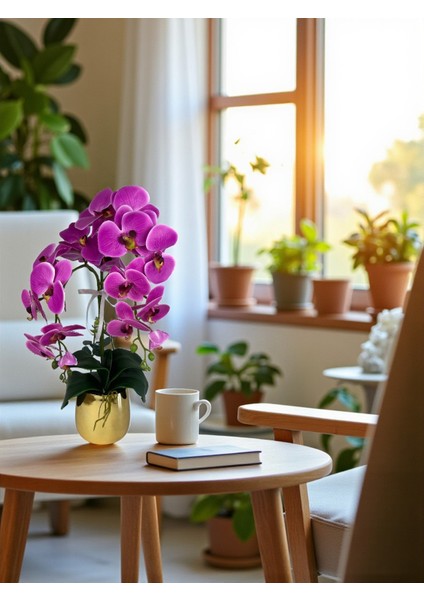 Yapay Çiçek Islak Orkide Fuşya 2 Dallı Lüks Gold Metal Saksıda 55 cm Dekoratif Hediye Salon Çiçeği
