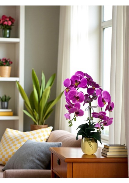 Yapay Çiçek Islak Orkide Fuşya 2 Dallı Lüks Gold Metal Saksıda 55 cm Dekoratif Hediye Salon Çiçeği