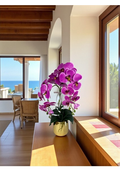 Yapay Çiçek Islak Orkide Fuşya 2 Dallı Lüks Gold Metal Saksıda 55 cm Dekoratif Hediye Salon Çiçeği