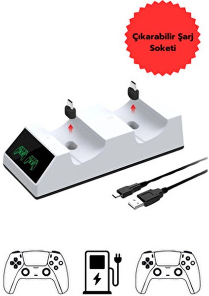 Ps5 Dualsense Şarj Cihazı Çift Kol Göstergeli Oyun Aksesuarı Beyaz Tasarım modelleri