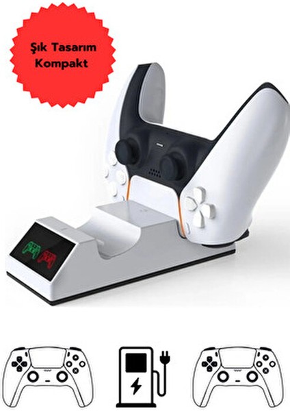 Ps5 Dualsense Şarj Cihazı Çift Kol Göstergeli Oyun Aksesuarı Beyaz Tasarım indirimleri