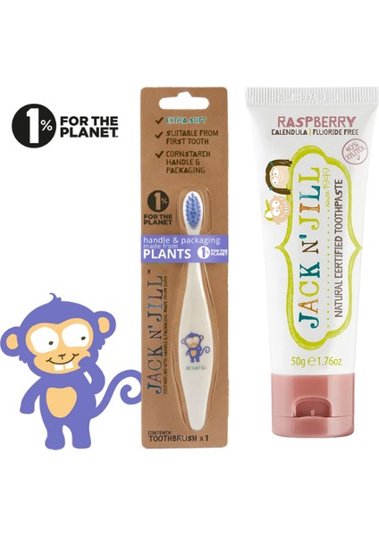 Jack N’jill Doğal Sertifikalı Bebek/çocuk Diş Seti (Monkey Diş Fırçası + Ahududu Aromalı Diş Macunu 50G)