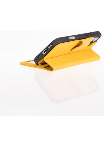 Apple iPhone 16 Plus Uyumlu, Hakiki Deri, El Yapımı, Cüzdanlı Kılıf, Limon Sarı modelleri