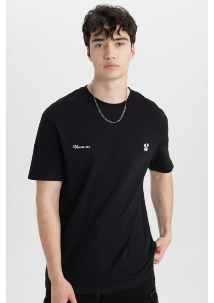 %100 Pamuk Regular Fit Bisiklet Yaka Baskılı Kısa Kollu Tişört C2117AX24SM