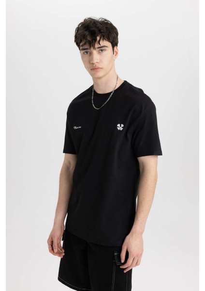 %100 Pamuk Regular Fit Bisiklet Yaka Baskılı Kısa Kollu Tişört C2117AX24SM