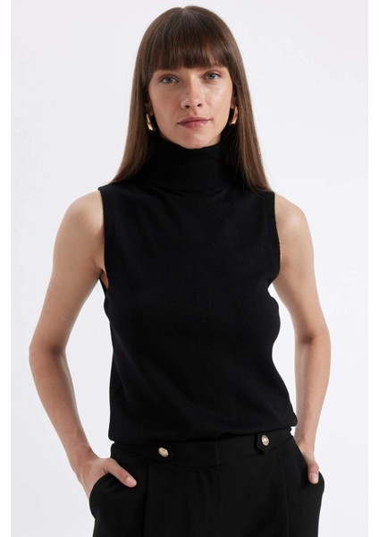 Siyah Regular Fit Balıkçı Yaka Kolsuz Basic Düz Triko Kazak U8250AZ24AU