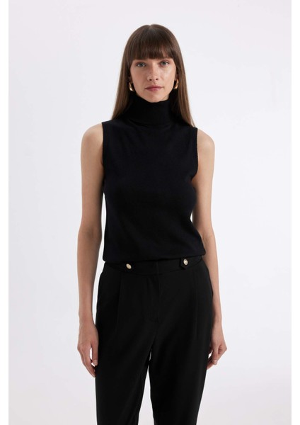 Siyah Regular Fit Balıkçı Yaka Kolsuz Basic Düz Triko Kazak U8250AZ24AU