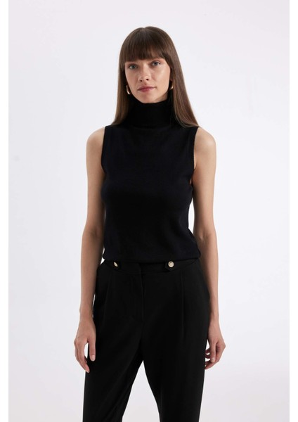 Siyah Regular Fit Balıkçı Yaka Kolsuz Basic Düz Triko Kazak U8250AZ24AU