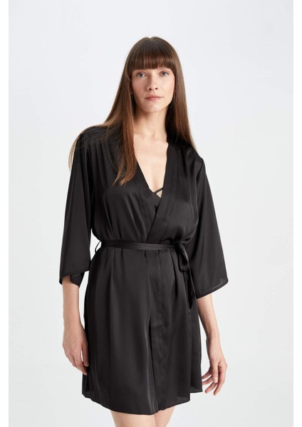 Regular Fit Wrap Yaka Saten Yarım Kol Sabahlık-Fall in Love B8856AX24HS