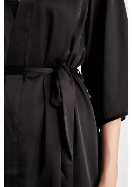 Regular Fit Wrap Yaka Saten Yarım Kol Sabahlık-Fall in Love B8856AX24HS