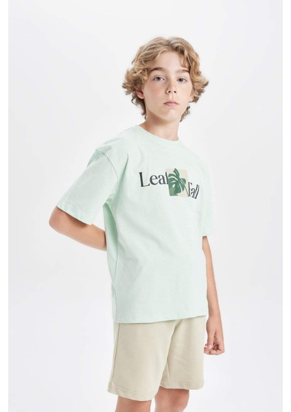 Erkek Çocuk Oversize Geniş Kalıp Bisiklet Yaka Baskılı Kısa Kollu Tişört