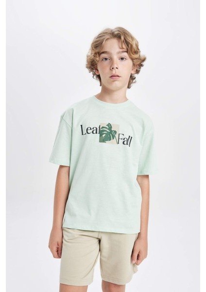 Erkek Çocuk Oversize Geniş Kalıp Bisiklet Yaka Baskılı Kısa Kollu Tişört