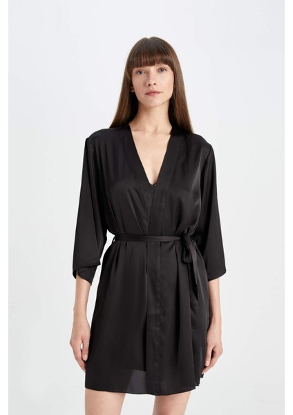 Regular Fit Wrap Yaka Saten Yarım Kol Sabahlık-Fall in Love B8856AX24HS