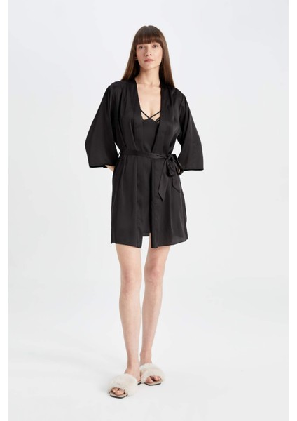 Regular Fit Wrap Yaka Saten Yarım Kol Sabahlık-Fall in Love B8856AX24HS