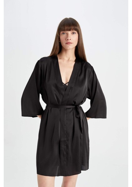 Regular Fit Wrap Yaka Saten Yarım Kol Sabahlık-Fall in Love B8856AX24HS