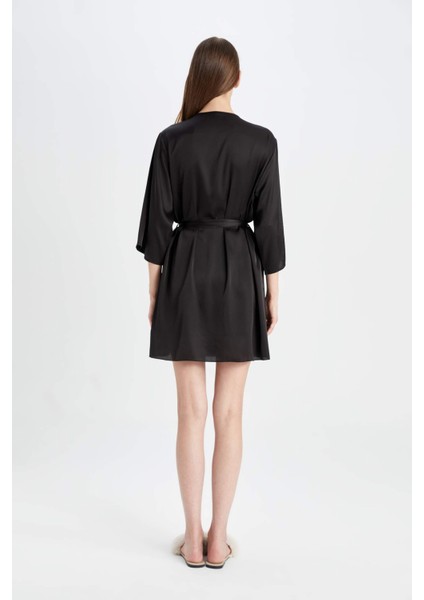 Regular Fit Wrap Yaka Saten Yarım Kol Sabahlık-Fall in Love B8856AX24HS