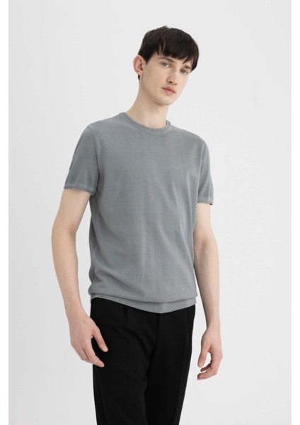 Standart Fit Yıkamalı Soluk Efektli Bisiklet Yaka Kısa Kollu Triko Tişört C4913AX24SM