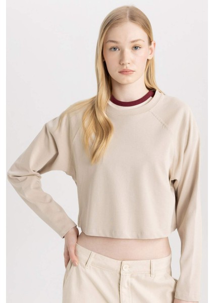 Coool Loose Fit Bisiklet Yaka Basic Düz Uzun Kollu Tişört