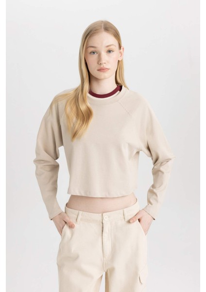 Coool Loose Fit Bisiklet Yaka Basic Düz Uzun Kollu Tişört