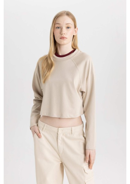 Coool Loose Fit Bisiklet Yaka Basic Düz Uzun Kollu Tişört