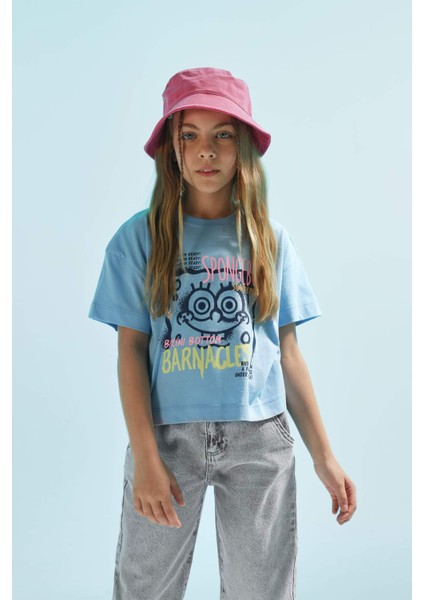 Kız Çocuk SpongeBob Bisiklet Yaka Kısa Kollu Crop Tişört C4679A824SM