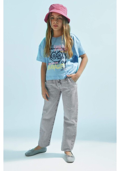 Kız Çocuk SpongeBob Bisiklet Yaka Kısa Kollu Crop Tişört C4679A824SM