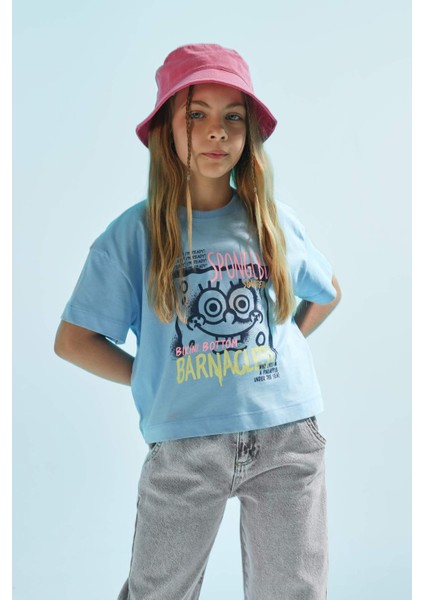 Kız Çocuk SpongeBob Bisiklet Yaka Kısa Kollu Crop Tişört C4679A824SM