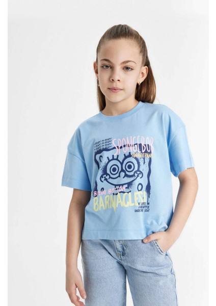 Kız Çocuk SpongeBob Bisiklet Yaka Kısa Kollu Crop Tişört C4679A824SM