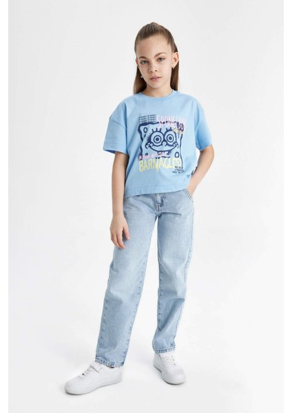 Kız Çocuk SpongeBob Bisiklet Yaka Kısa Kollu Crop Tişört C4679A824SM