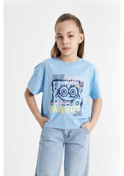 Kız Çocuk SpongeBob Bisiklet Yaka Kısa Kollu Crop Tişört C4679A824SM