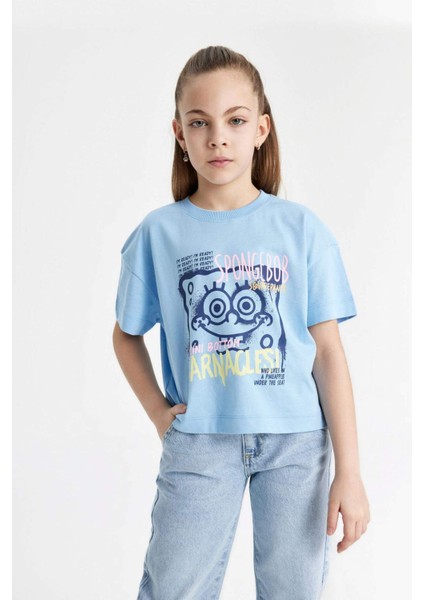 Kız Çocuk SpongeBob Bisiklet Yaka Kısa Kollu Crop Tişört C4679A824SM